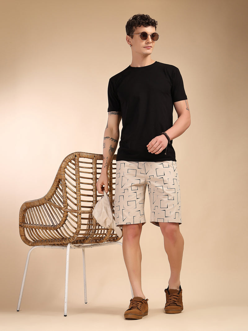 Thomas Scott Men Beige Mid-Rise Regular Fit Geometric Print Cotton Woven Chinos Shorts