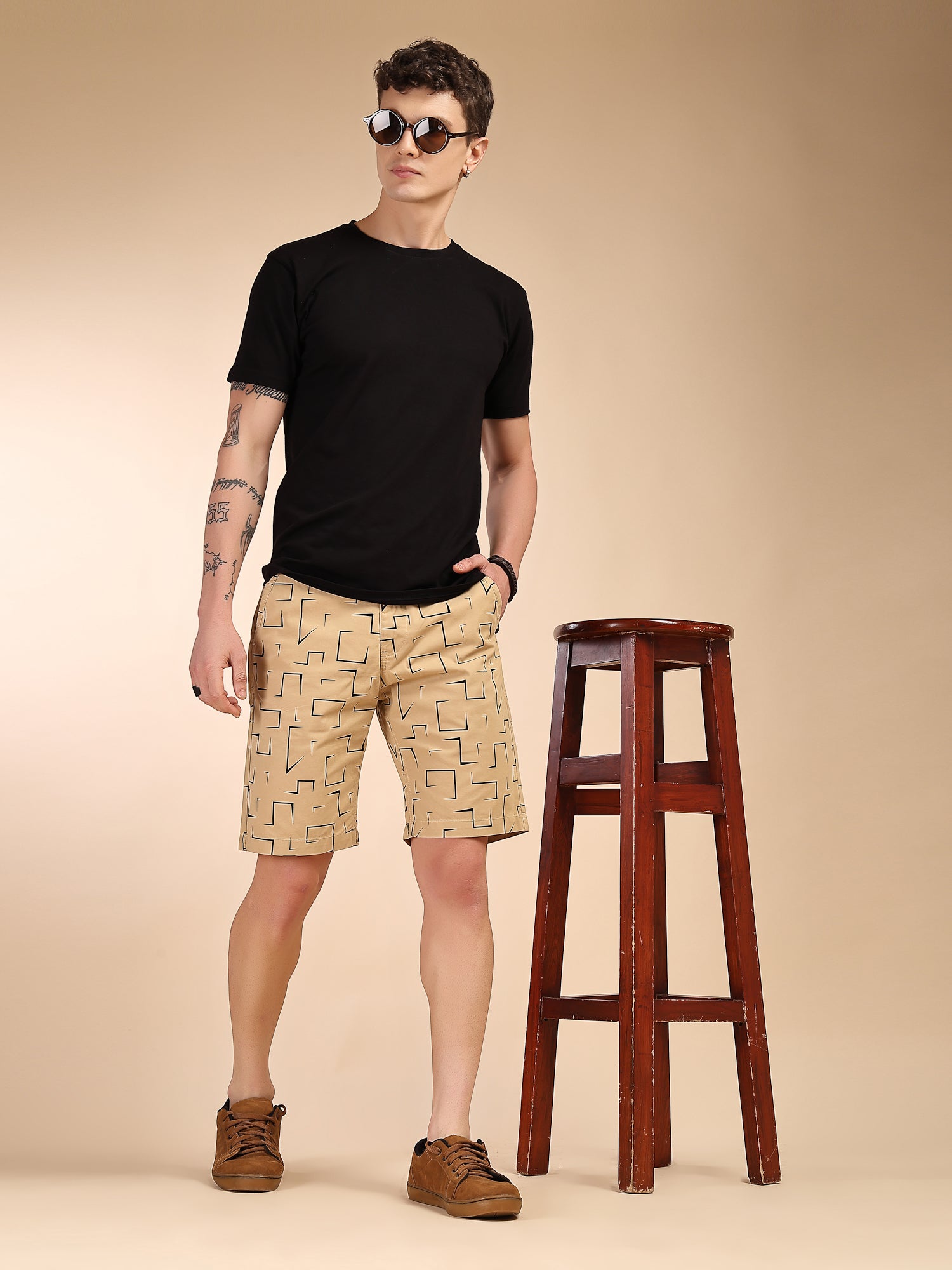 Thomas Scott Men Khaki Mid-Rise Regular Fit Geometric Print Cotton Woven Chinos Shorts