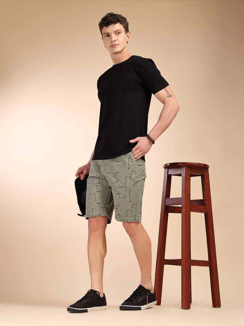 Thomas Scott Men Mint Mid-Rise Regular Fit Geometric Print Cotton Woven Chinos Shorts
