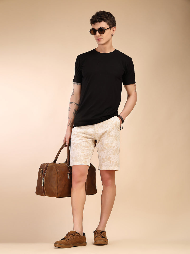 Thomas Scott Men Beige Mid-Rise Regular Fit Floral Print Cotton Woven Chinos Shorts