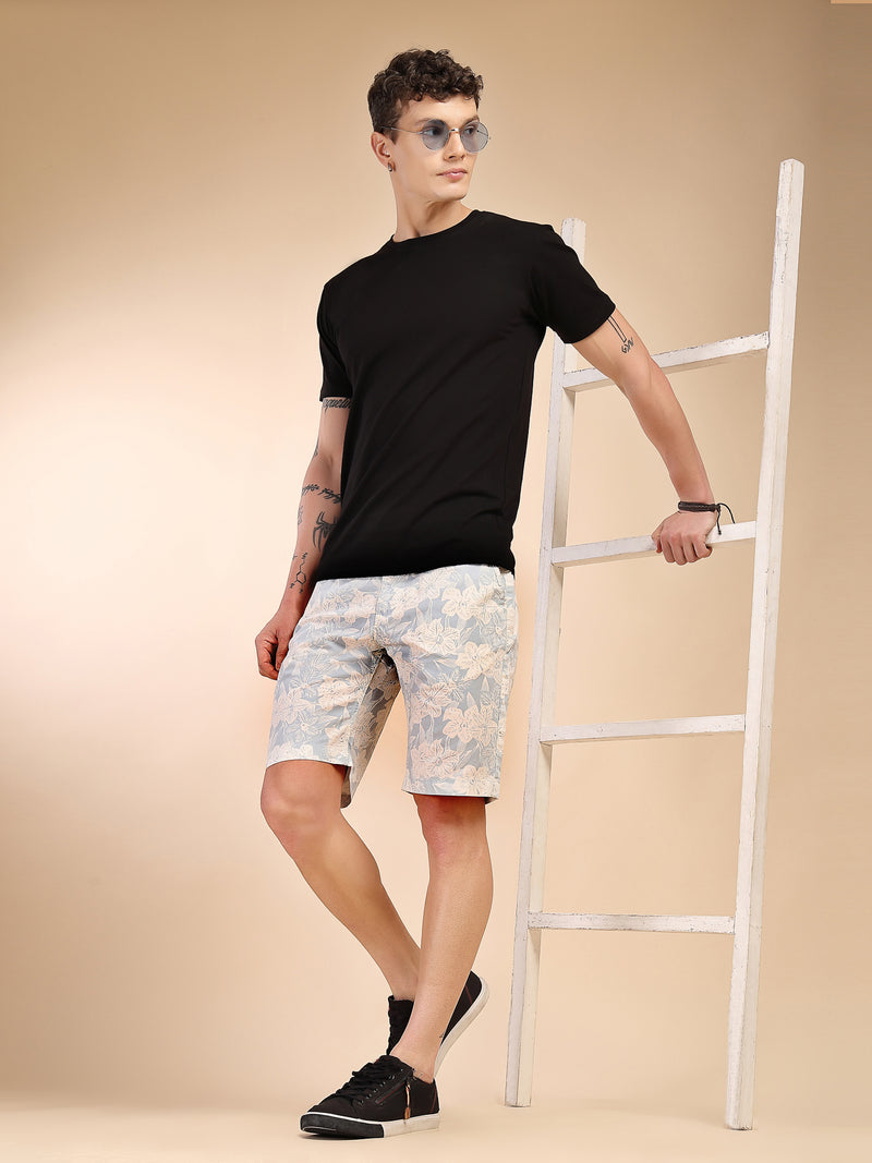 Thomas Scott Men Sky Blue Mid-Rise Regular Fit Floral Print Cotton Woven Chinos Shorts