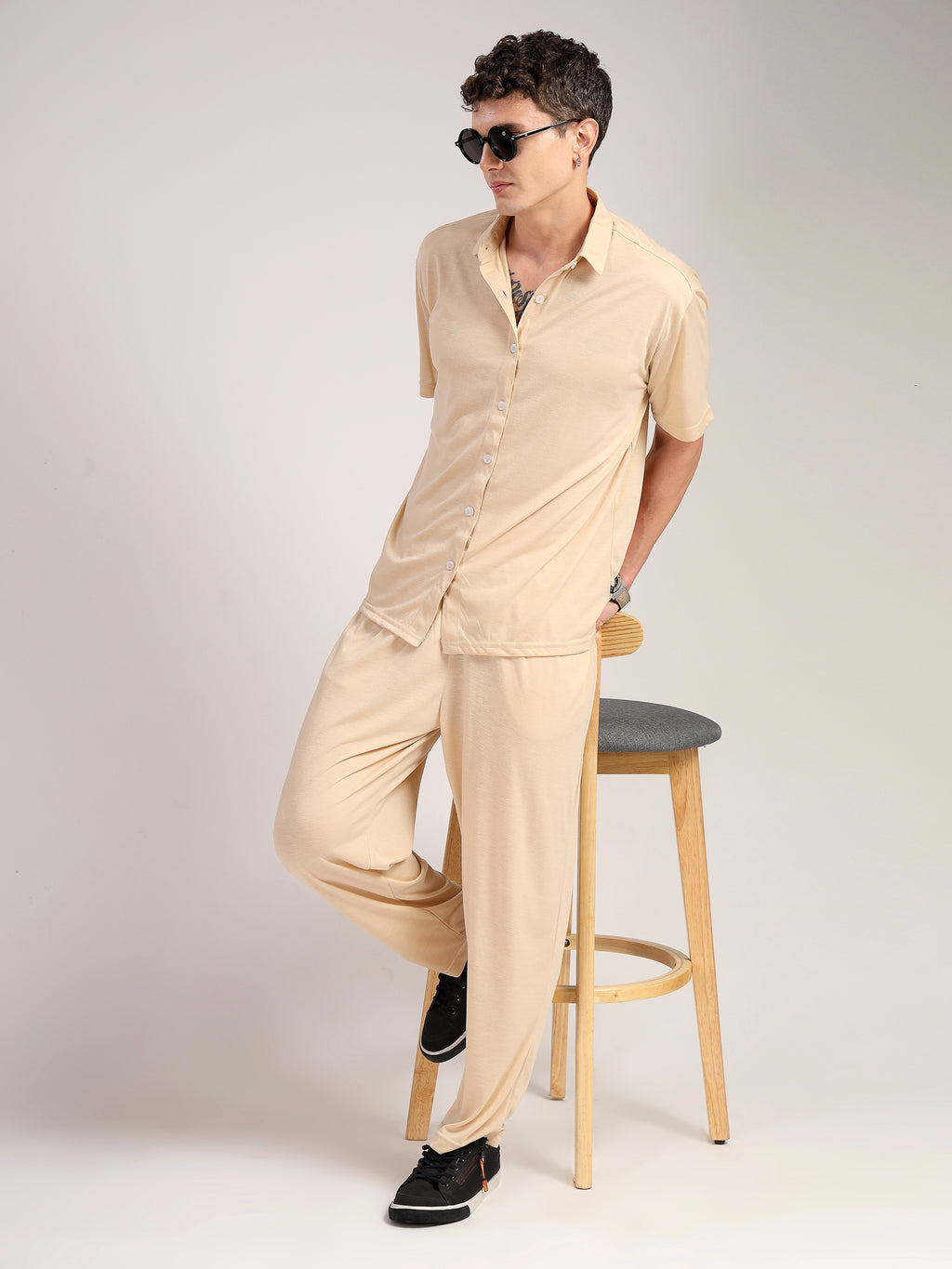 Thomas Scott Men Beige Relaxed Fit Solid Polyester Co-Ords Set
