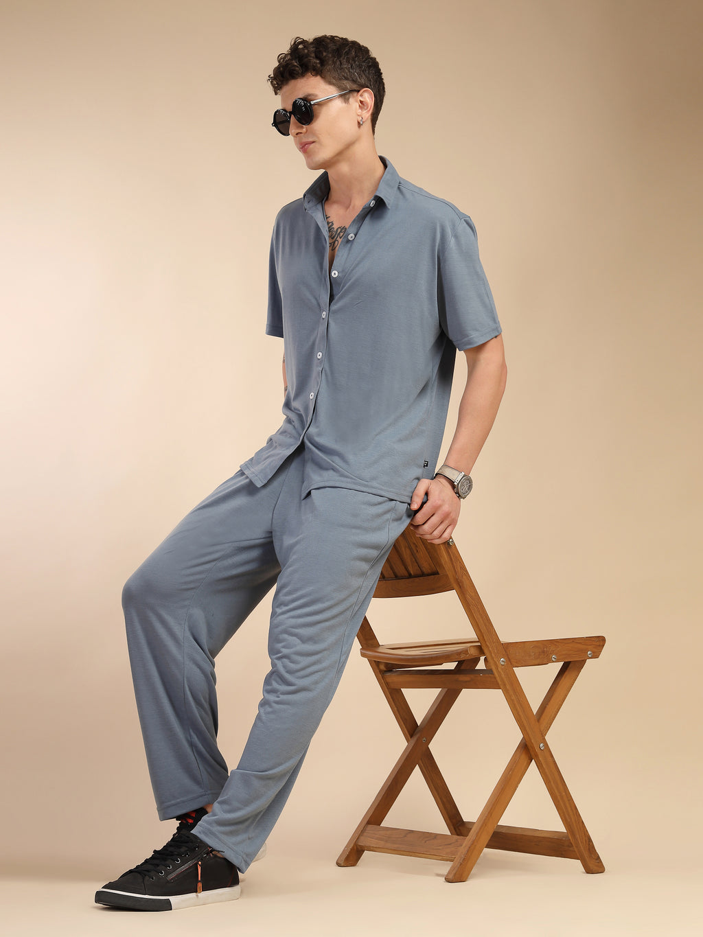Thomas Scott Men Blue Relaxed Fit Solid Polyester Co-Ords Set
