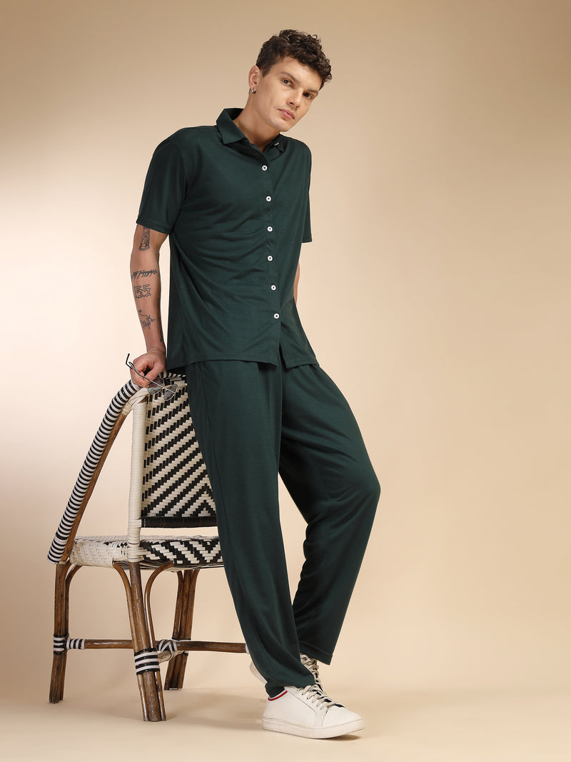 Thomas Scott Men Bottle Green Relaxed Fit Solid Polyester Co-Ords Set