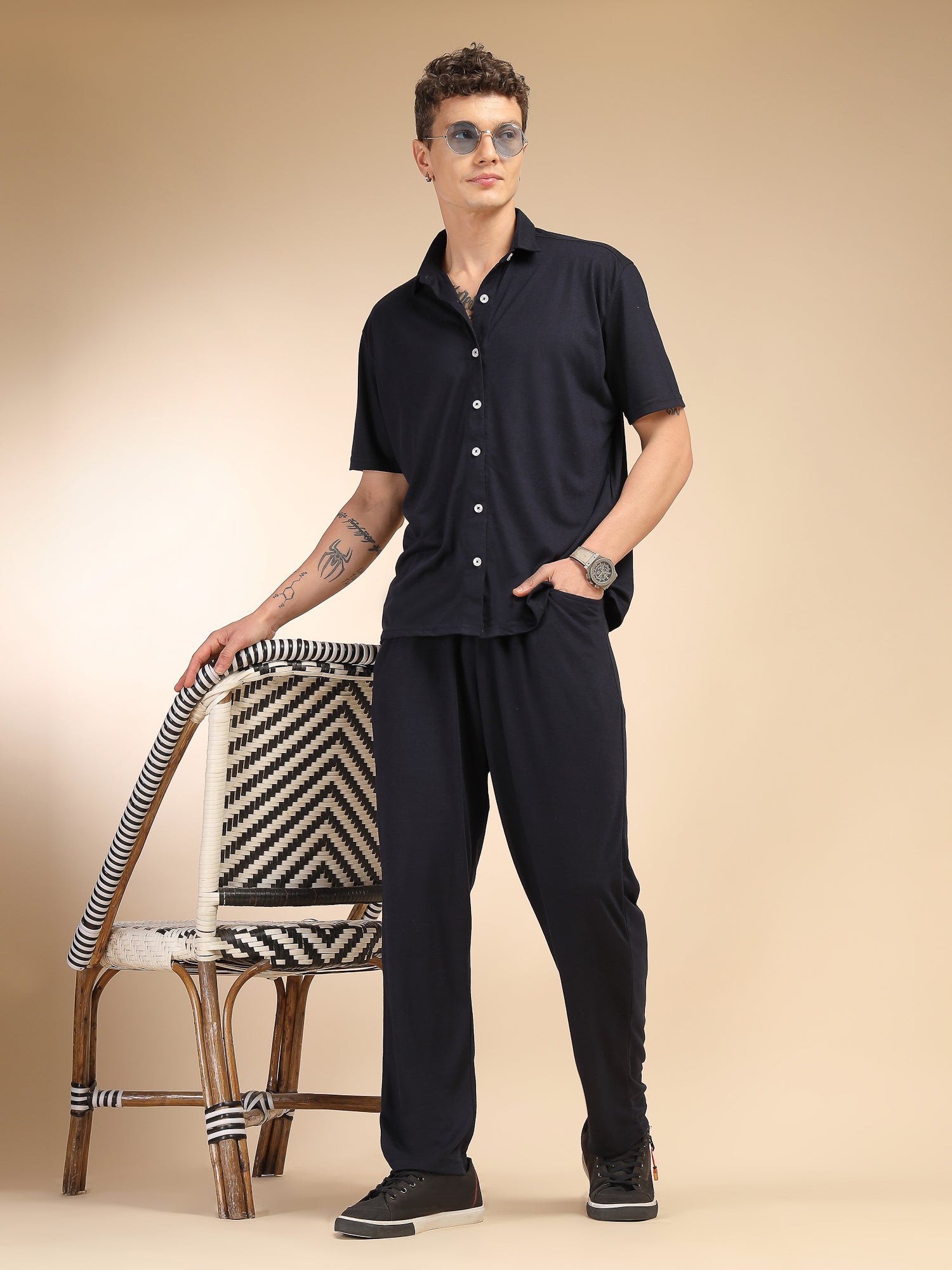 Thomas Scott Men Navy Relaxed Fit Solid Polyester Co-Ords Set