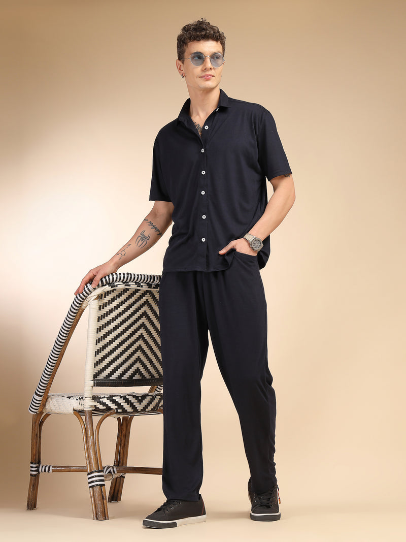 Thomas Scott Men Navy Relaxed Fit Solid Polyester Co-Ords Set
