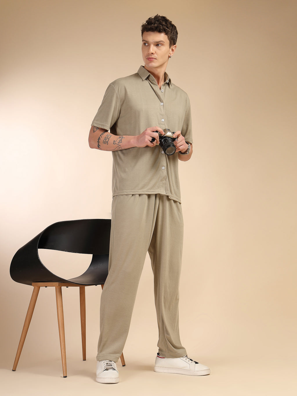 Thomas Scott Men Sage Green Relaxed Fit Solid Polyester Co-Ords Set