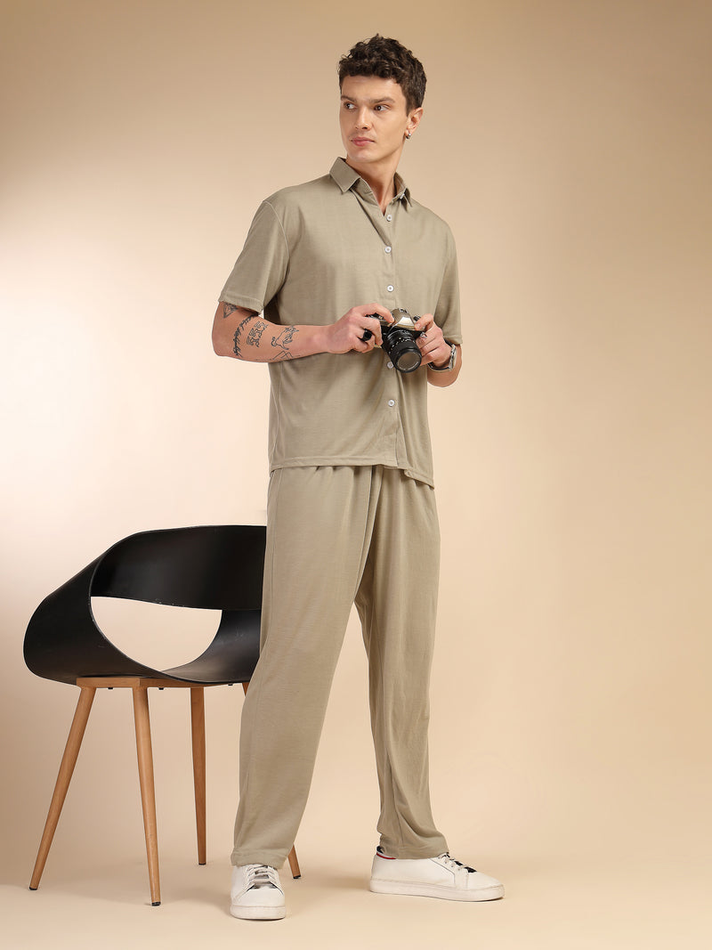Thomas Scott Men Sage Green Relaxed Fit Solid Polyester Co-Ords Set