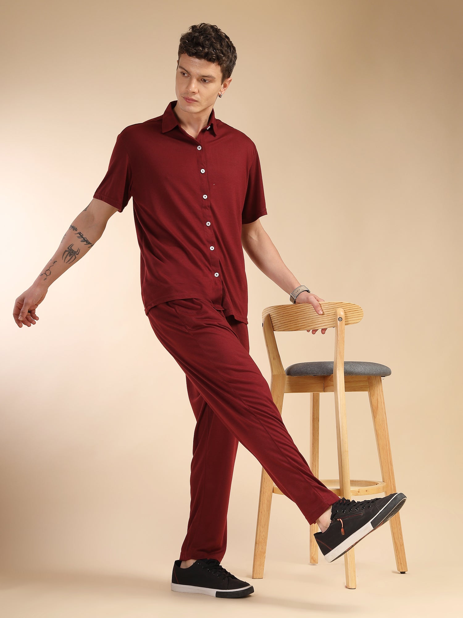 Thomas Scott Men Wine Relaxed Fit Solid Polyester Co-Ords Set