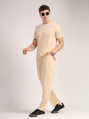 Thomas Scott Men Beige Round Neck Relaxed Fit Solid Polyester Co-Ords Set