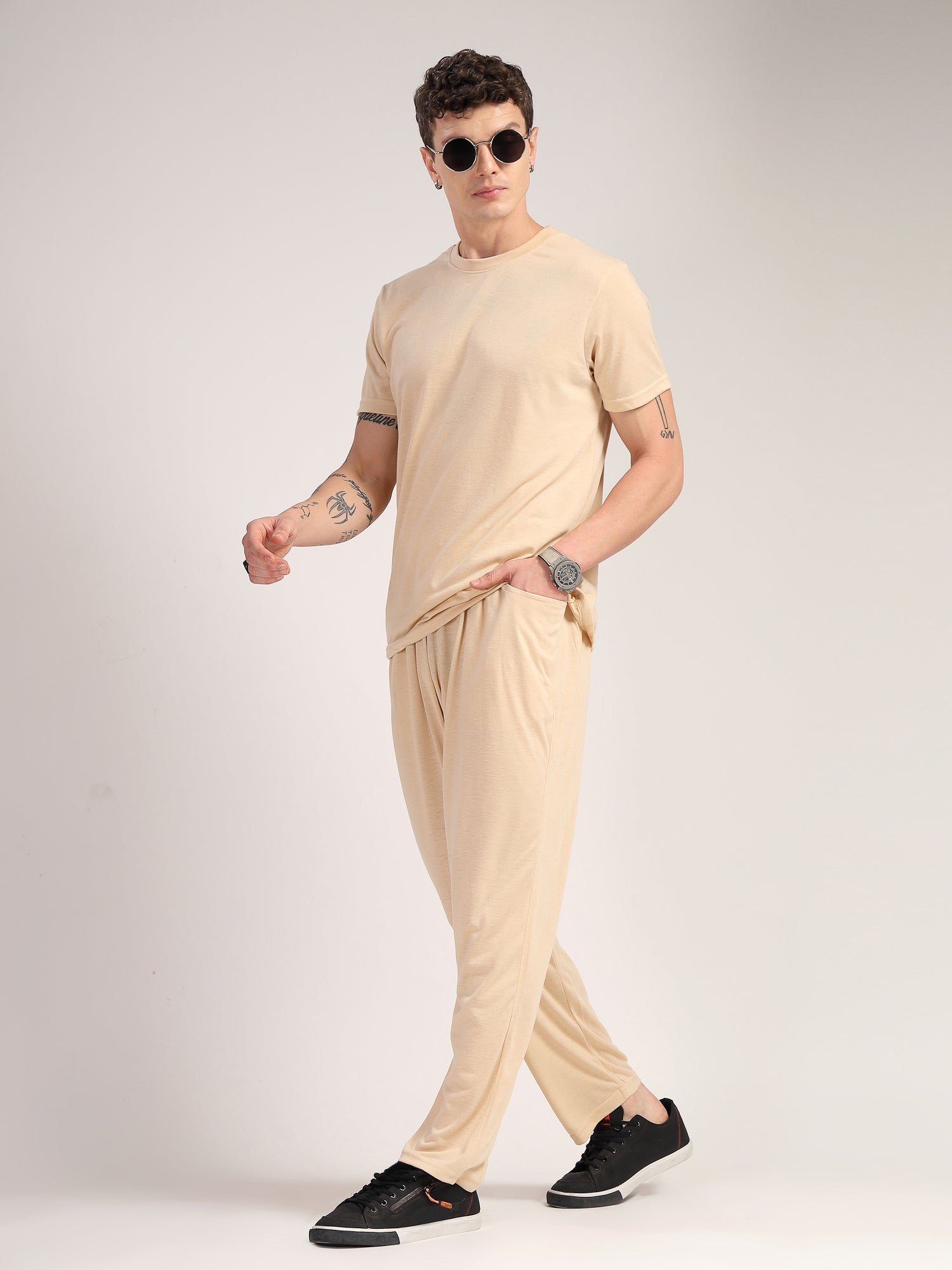 Thomas Scott Men Beige Round Neck Relaxed Fit Solid Polyester Co-Ords Set