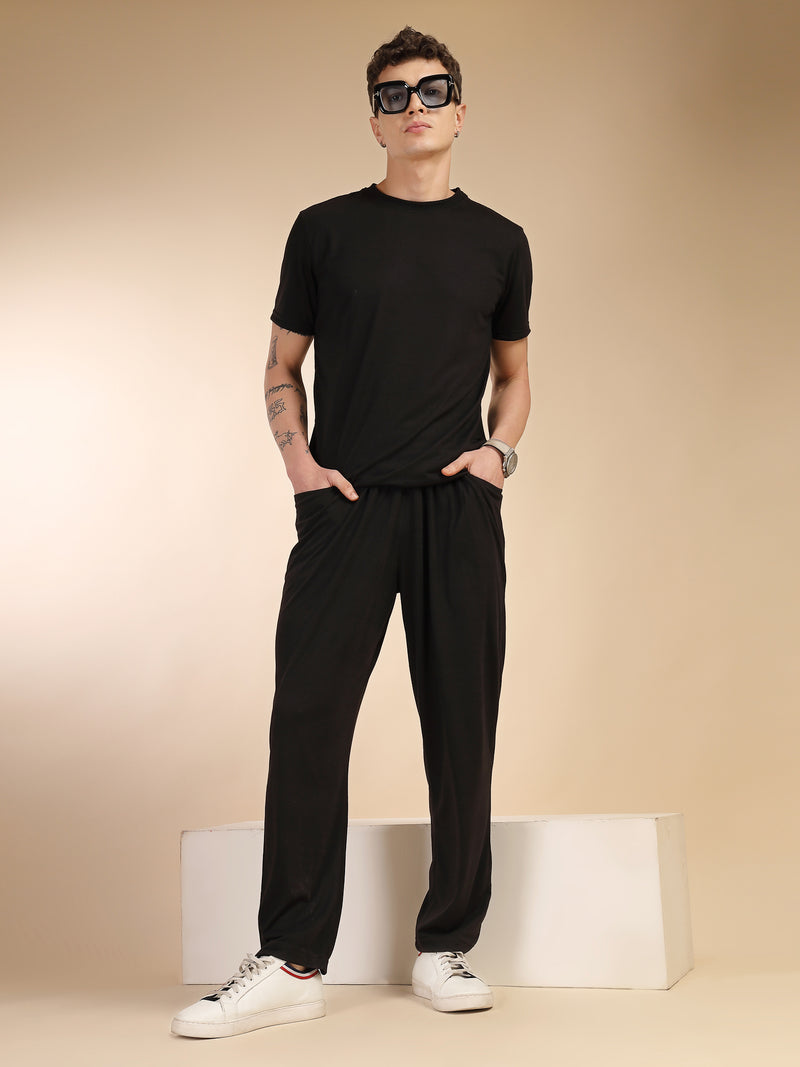 Thomas Scott Men Black Round Neck Relaxed Fit Solid Polyester Co-Ords Set