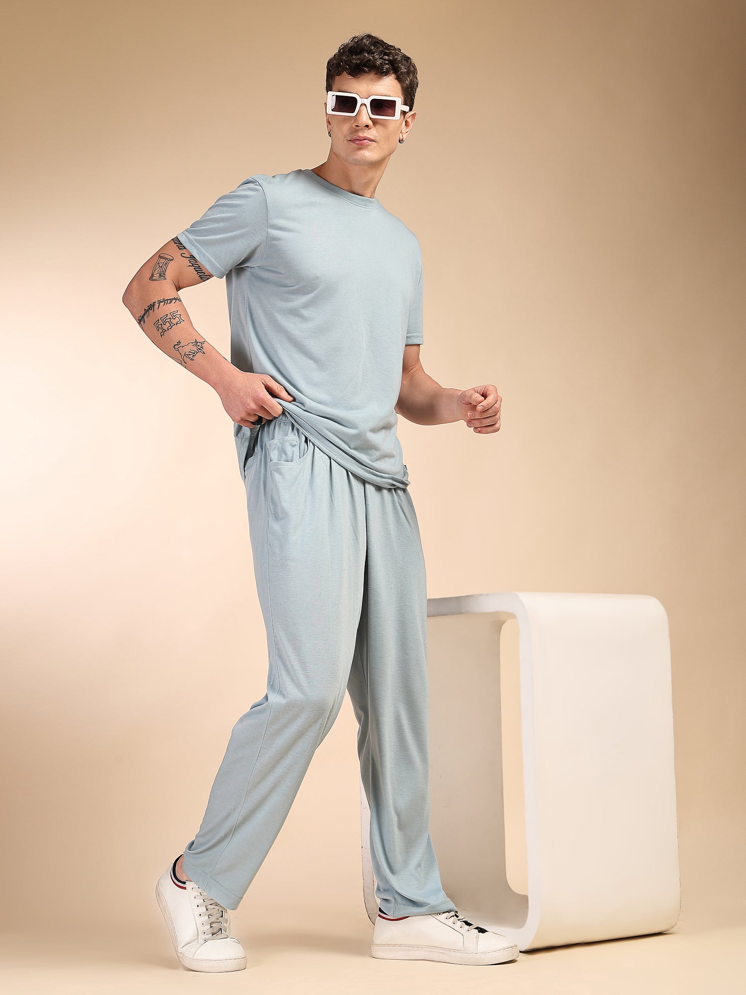 Thomas Scott Men Blue Round Neck Relaxed Fit Solid Polyester Co-Ords Set