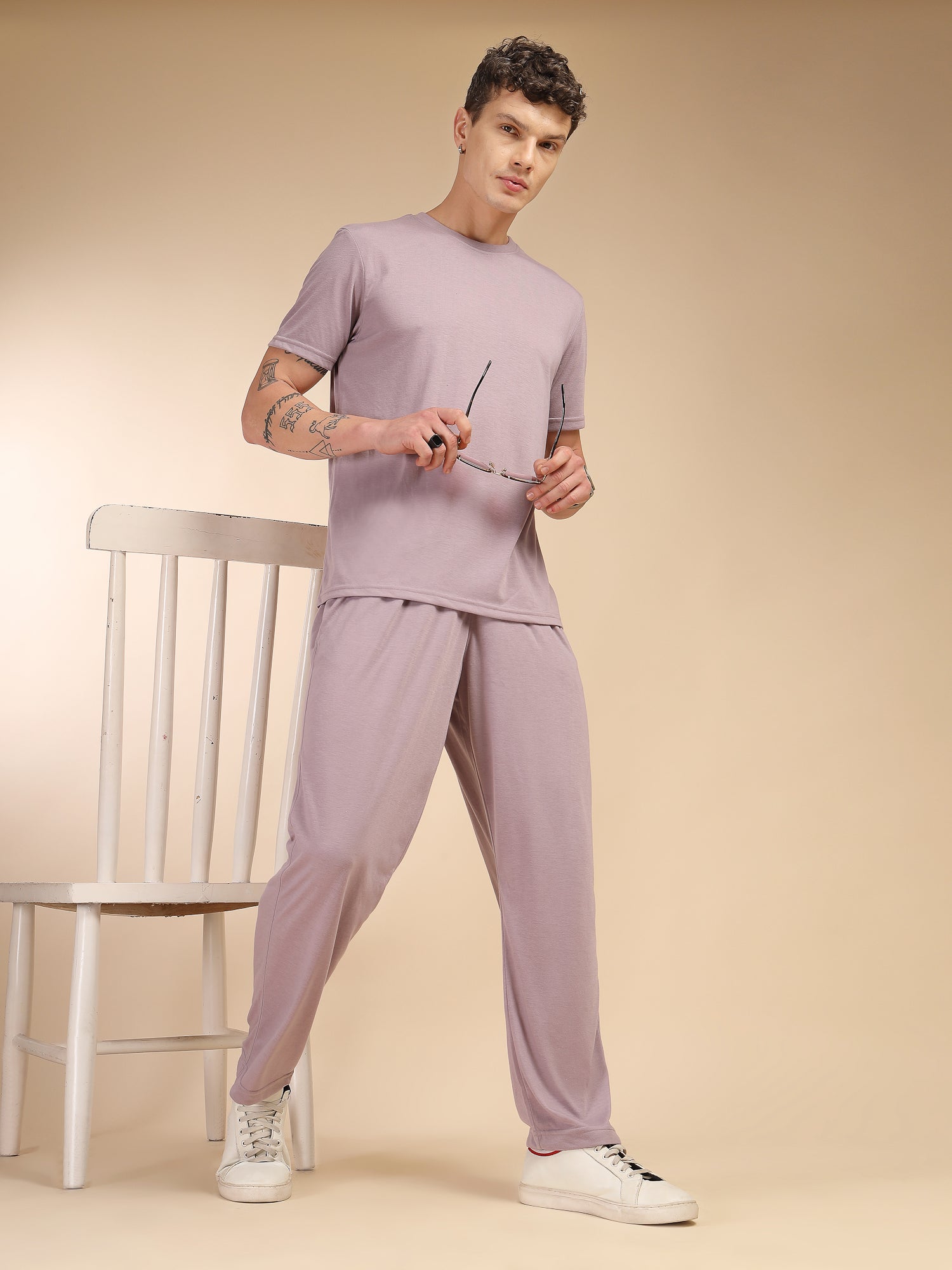 Thomas Scott Men Lilac Round Neck Relaxed Fit Solid Polyester Co-Ords Set