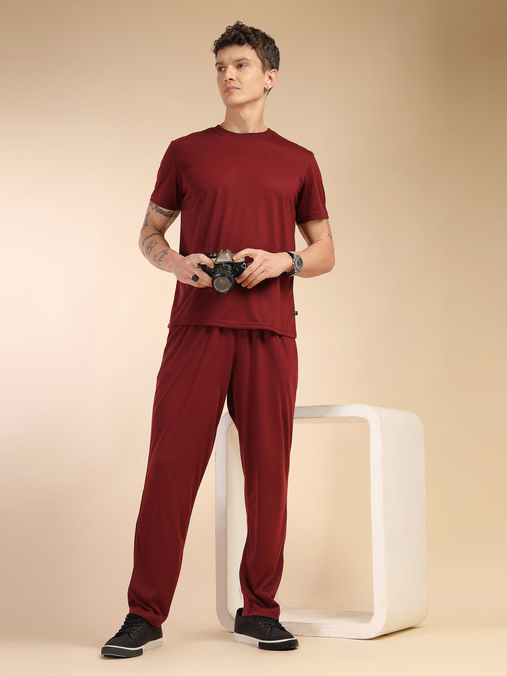 Thomas Scott Men Wine Round Neck Relaxed Fit Solid Polyester Co-Ords Set