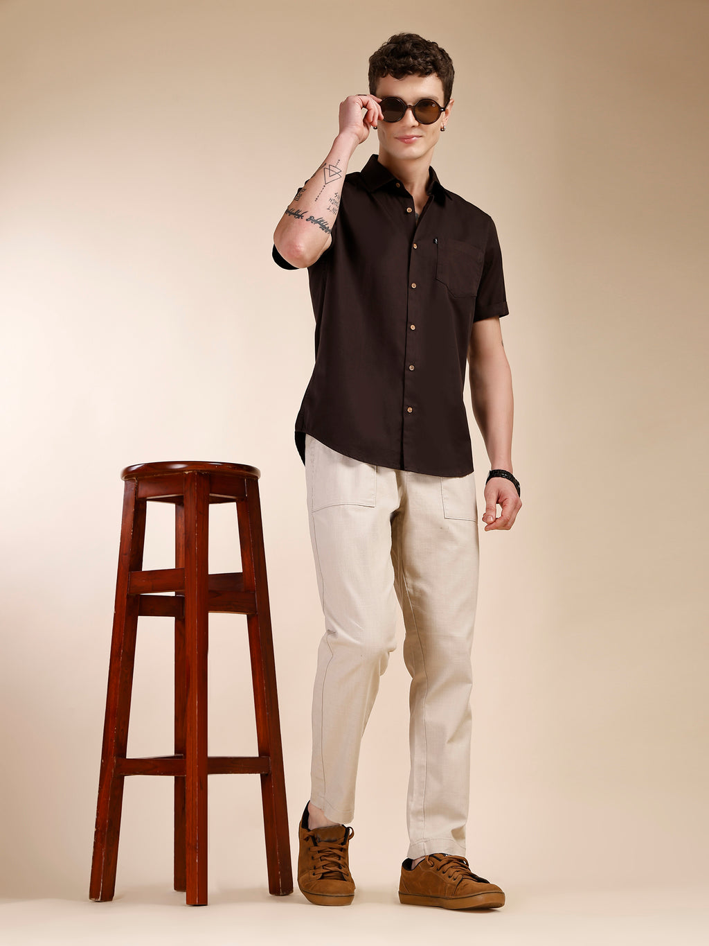 Thomas Scott Men Coffee Slim Fit Short Sleeves Spread Collar Solid Casual Shirt