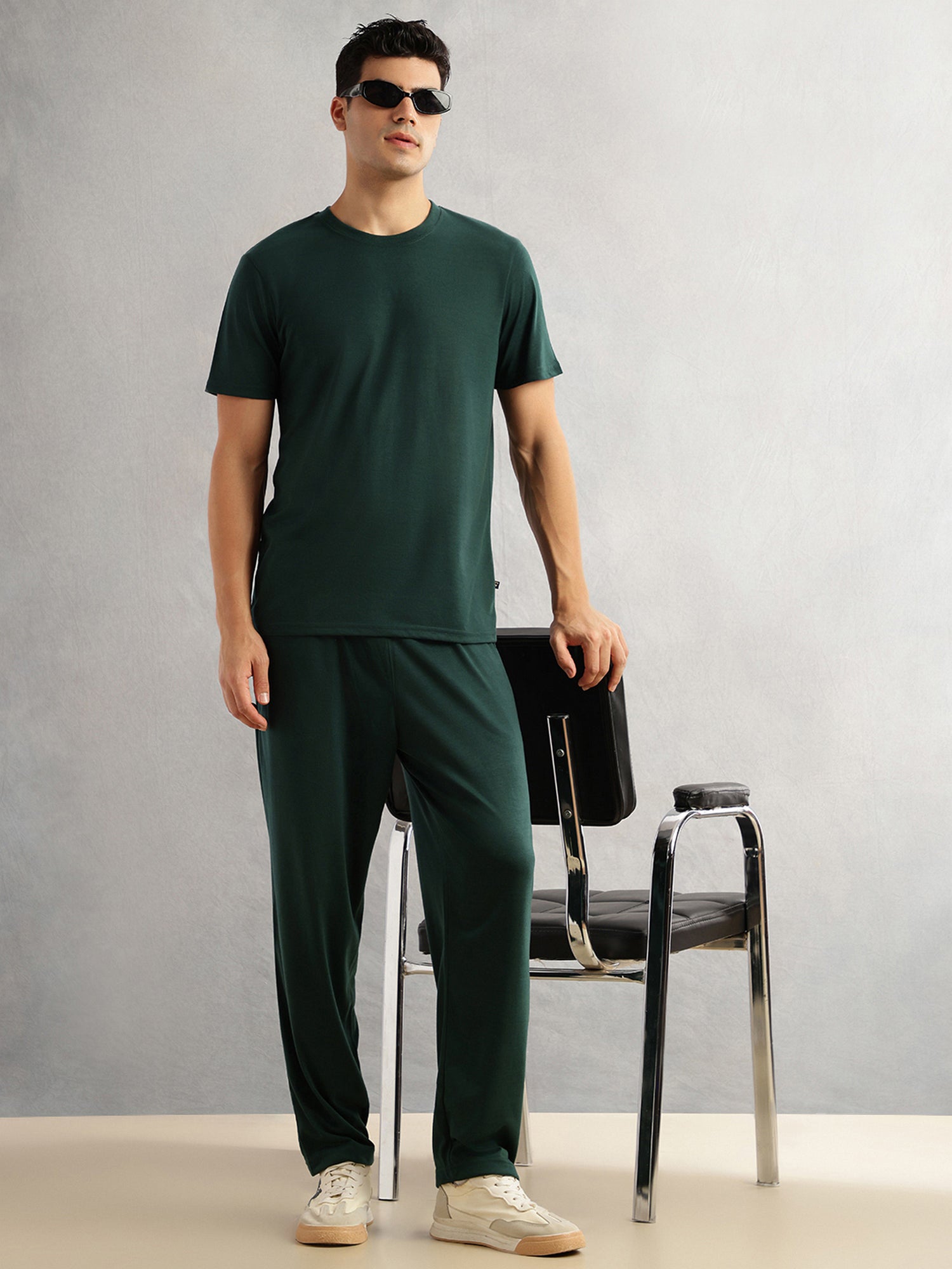 Thomas Scott Men Bottle Green Round Neck Relaxed Fit Solid Polyester Co-Ords Set