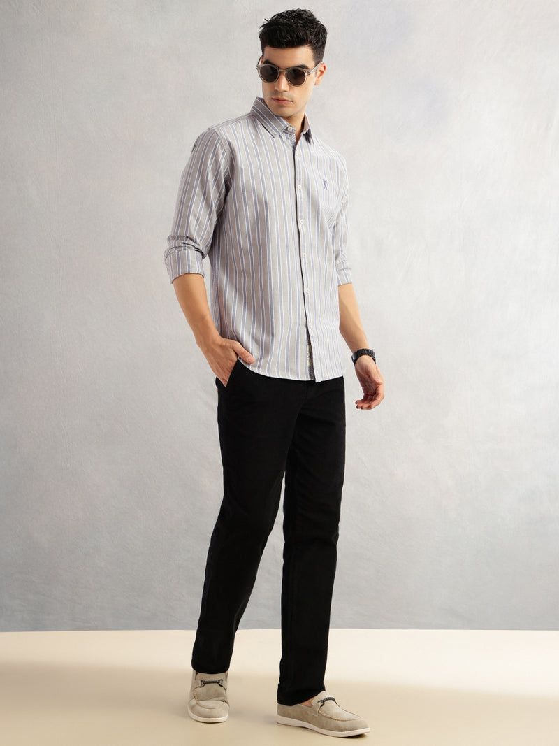 Thomas Scott Men Grey Slim Fit Long Sleeves Vertical Stripes Spread Collar 100% Cotton Oxford Casual Shirt