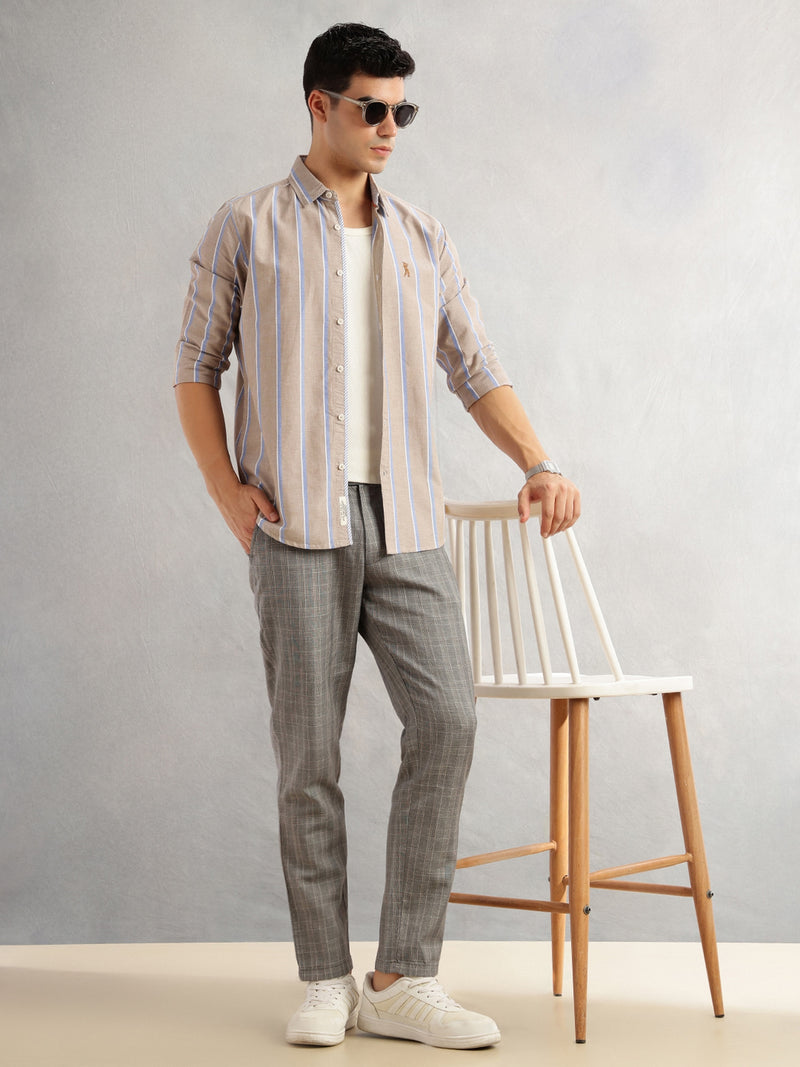 Thomas Scott Men Beige Slim Fit Long Sleeves Spread Collar 100% Cotton Oxford Casual Shirt