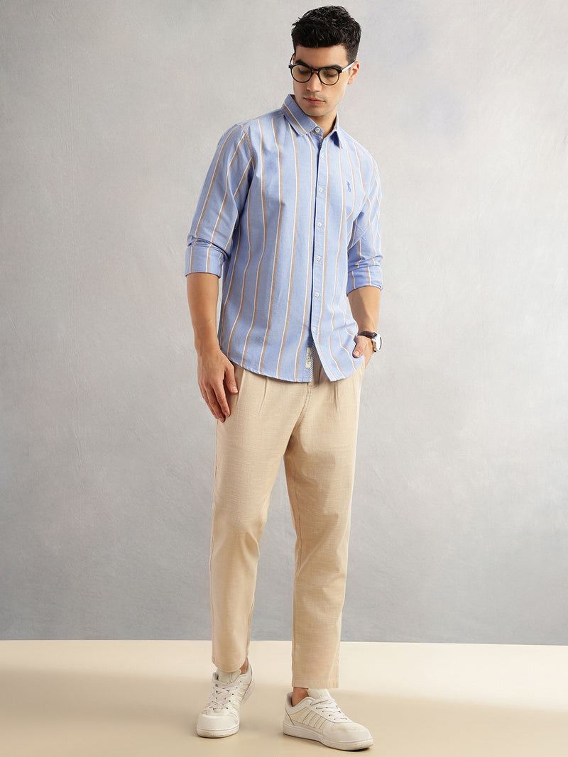 Thomas Scott Men Blue Slim Fit Long Sleeves Spread Collar 100% Cotton Oxford Casual Shirt