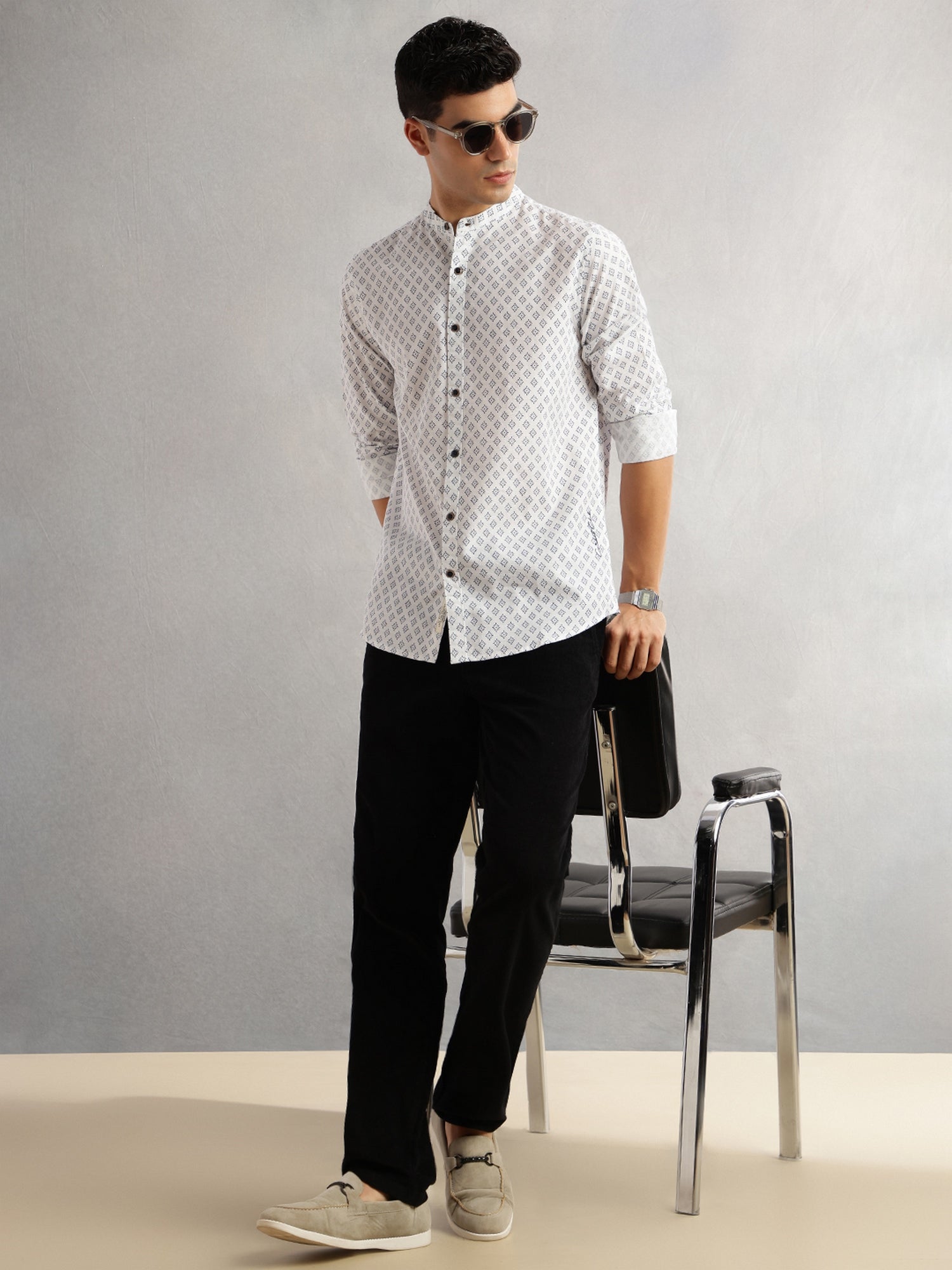 Thomas Scott Men White Slim Fit Long Sleeves Geometric Printed Mandarin Collar Cotton Linen Casual Shirt