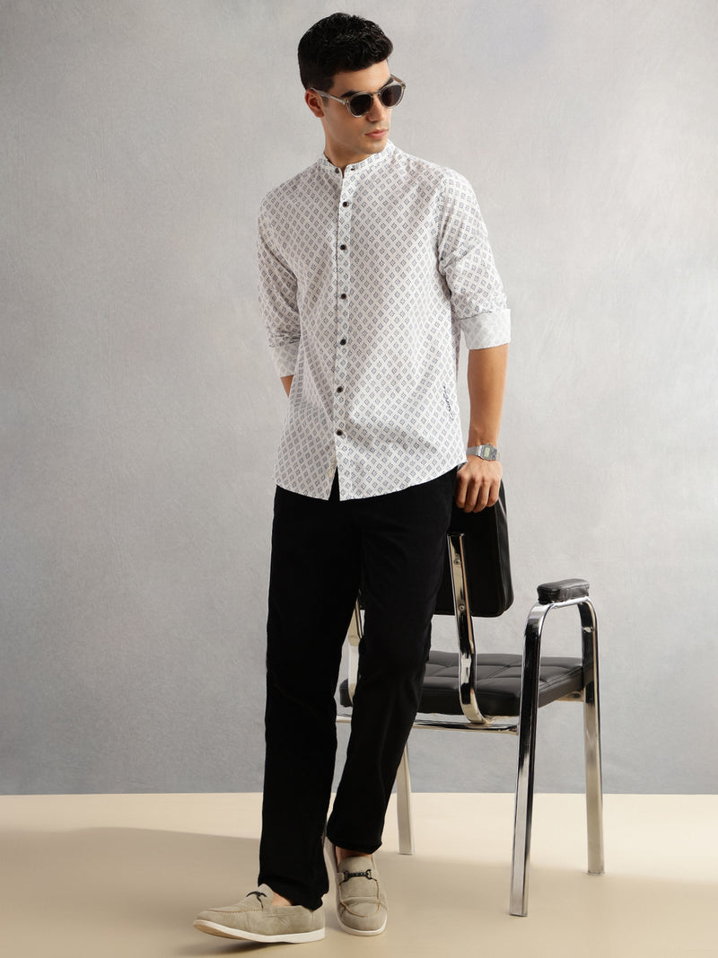 Thomas Scott Men White Slim Fit Long Sleeves Geometric Printed Mandarin Collar Cotton Linen Casual Shirt