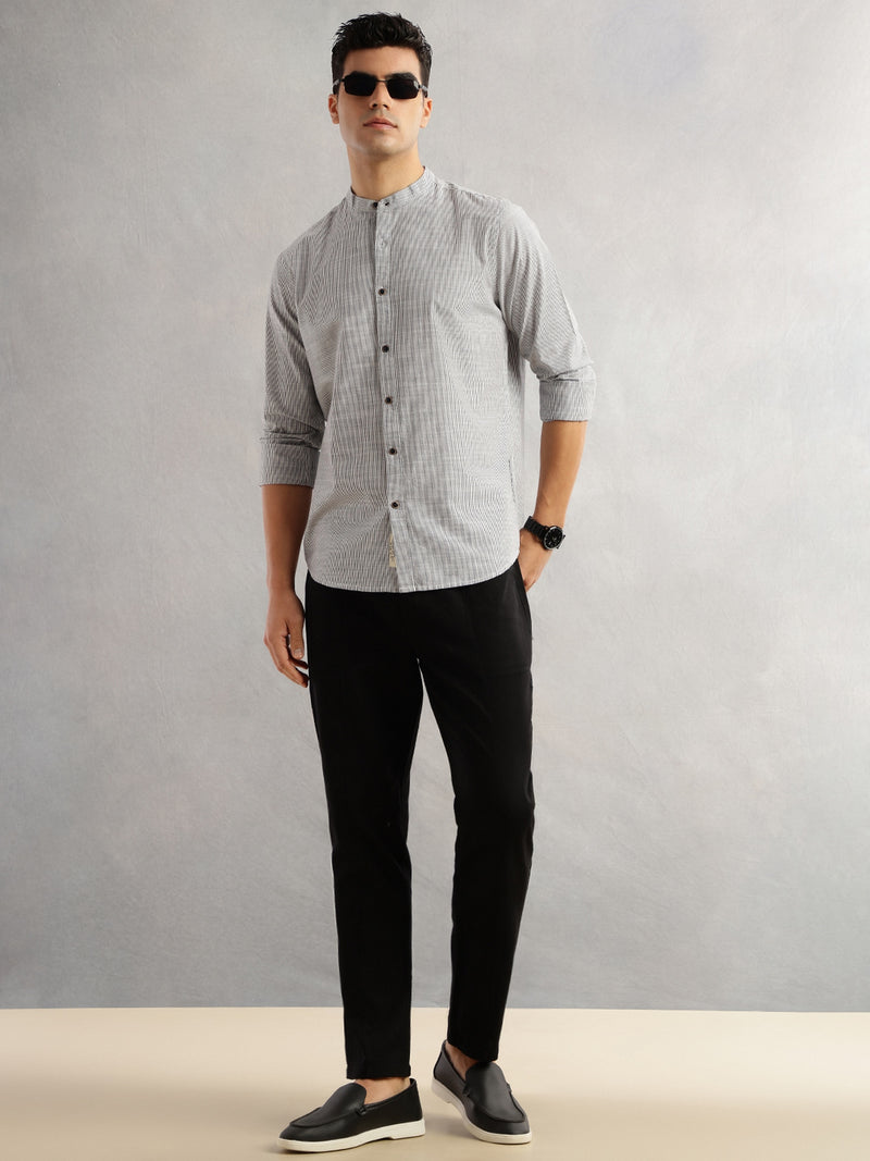 Thomas Scott Men Black Slim Fit Long Sleeves Mandarin Collar Pinstripes Cotton Linen Casual Shirt