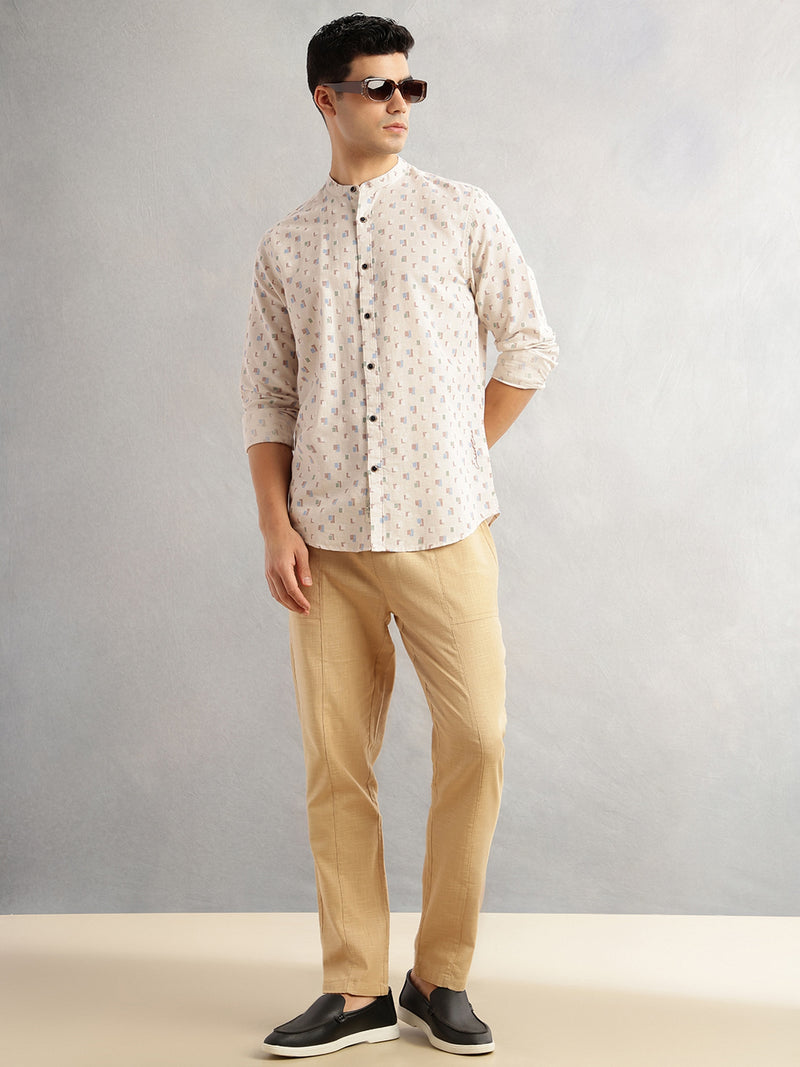 Thomas Scott Men Beige Slim Fit Long Sleeves Mandarin Collar Geometric Printed Cotton Linen Casual Shirt