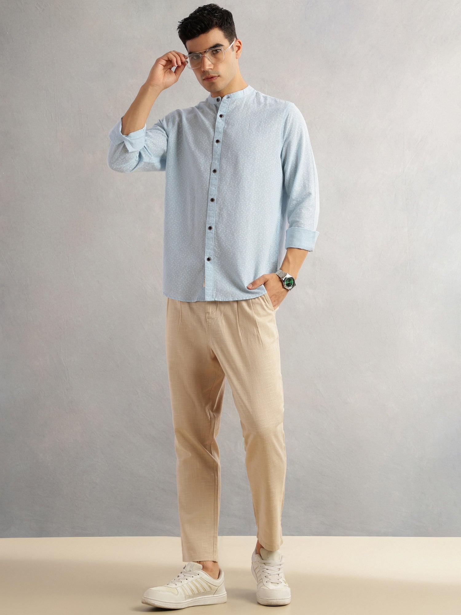 Thomas Scott Men Blue Slim Fit Long Sleeves Mandarin Collar Conversational Printed Cotton Linen Casual Shirt
