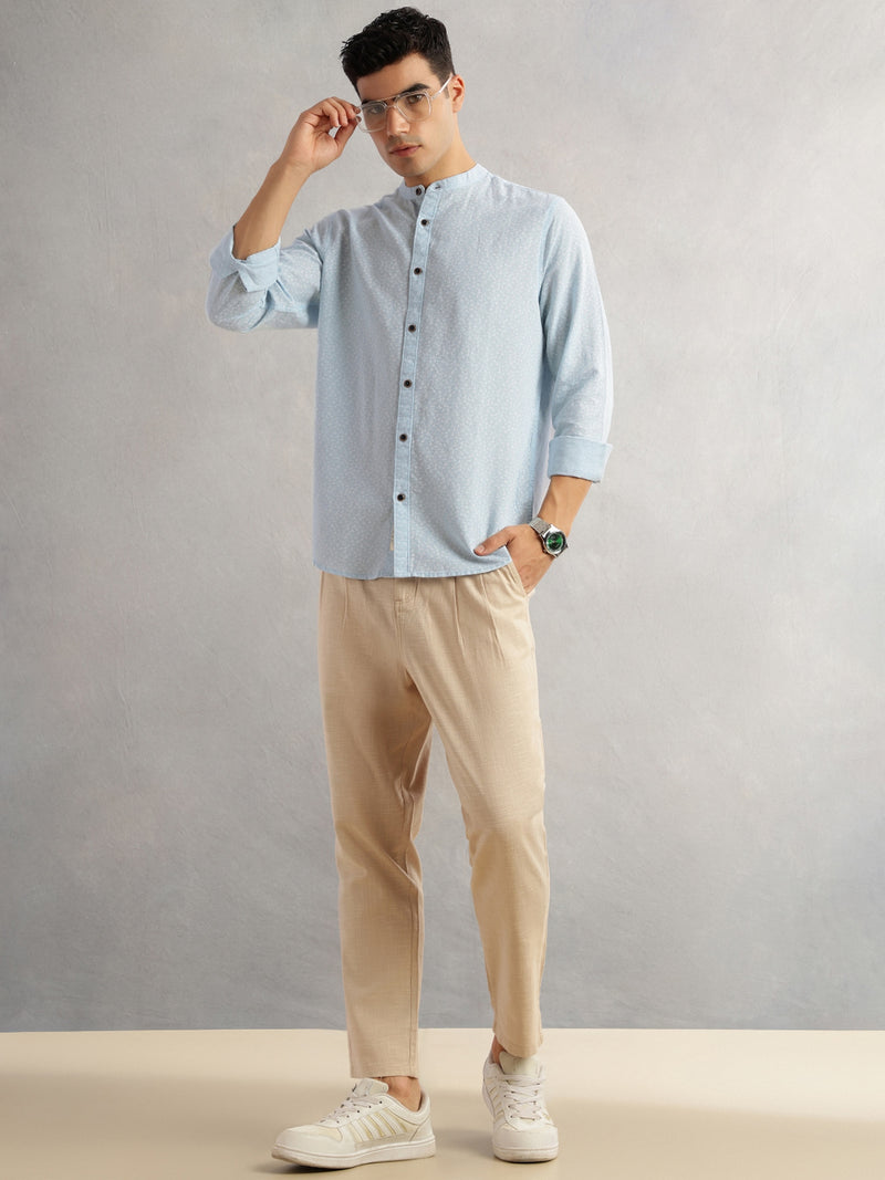 Thomas Scott Men Blue Slim Fit Long Sleeves Mandarin Collar Conversational Printed Cotton Linen Casual Shirt