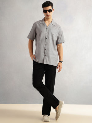 Thomas Scott Men Grey Oversized Fit Short Sleeves Cuban Collar Gingham Checks 100% Cotton Casual Shirt