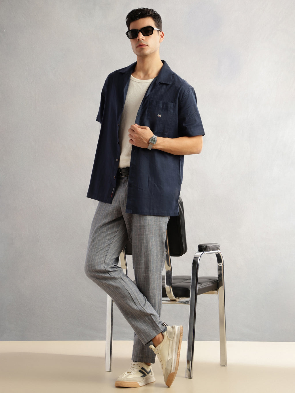 Thomas Scott Men Navy Oversized Fit Short Sleeves Cuban Collar Gingham Checks 100% Cotton Casual Shirt