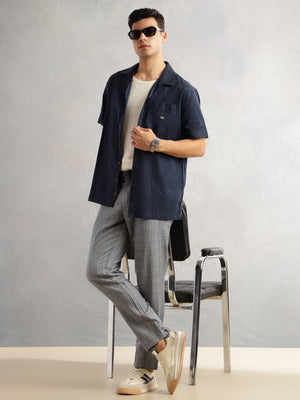 Thomas Scott Men Navy Oversized Fit Short Sleeves Cuban Collar Gingham Checks 100% Cotton Casual Shirt