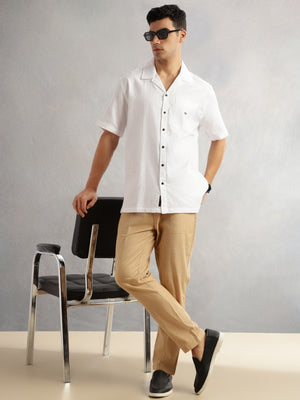 Thomas Scott Men White Oversized Fit Short Sleeves Cuban Collar Gingham Checks 100% Cotton Casual Shirt