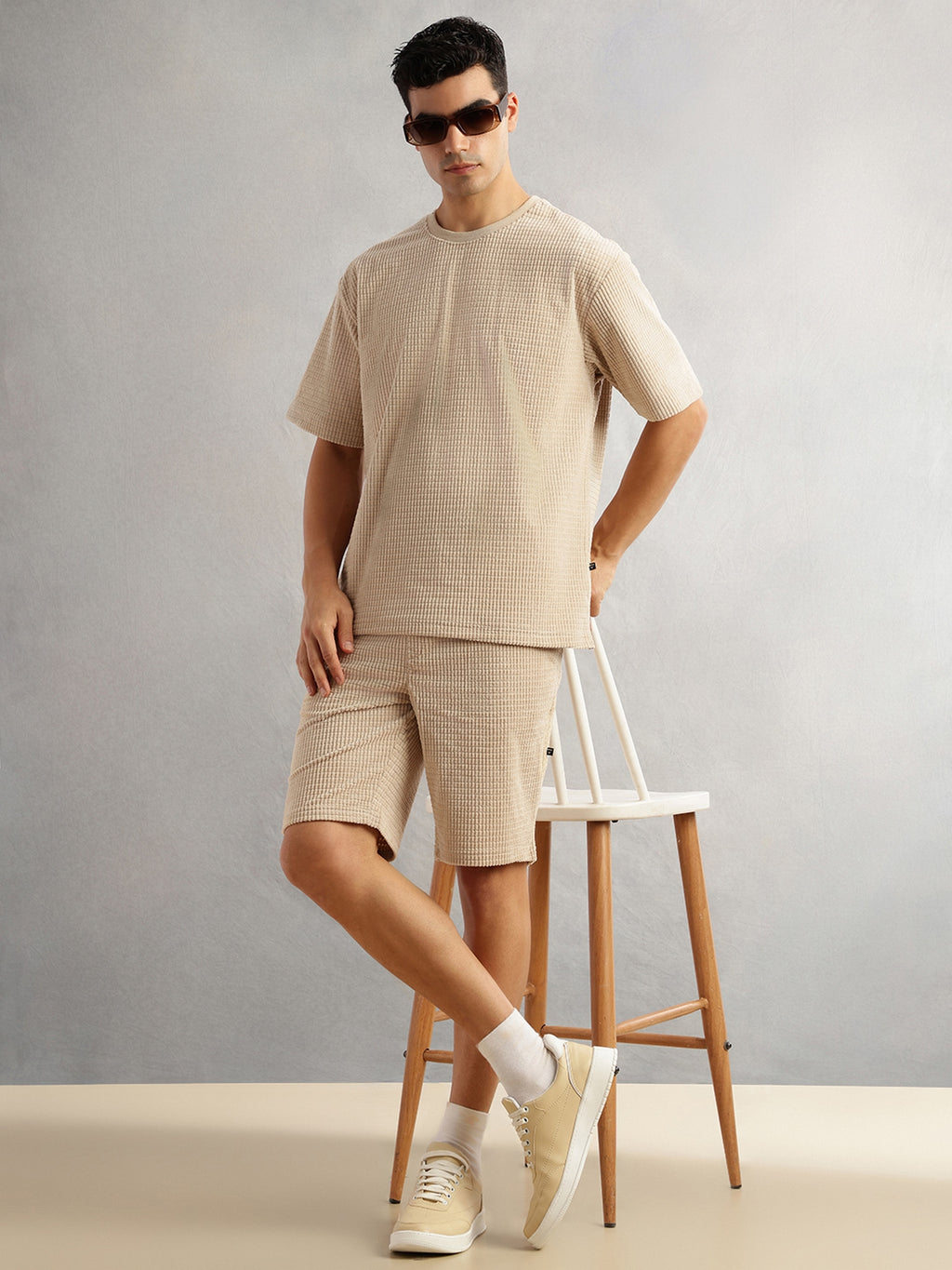 Thomas Scott Men Beige Cordery Checks Polyester Knitted Co-Ord Sets With Short Sleeves & Round Neck