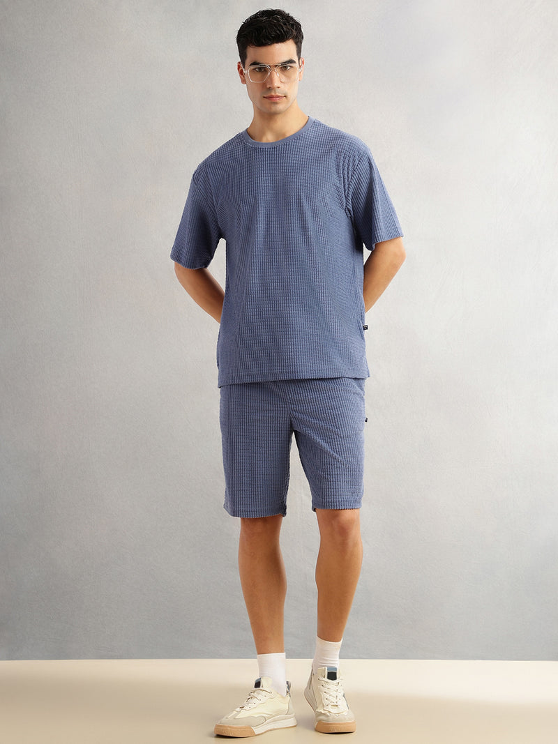 Thomas Scott Men Blue Cordery Checks Polyester Knitted Co-Ord Sets With Short Sleeves & Round Neck