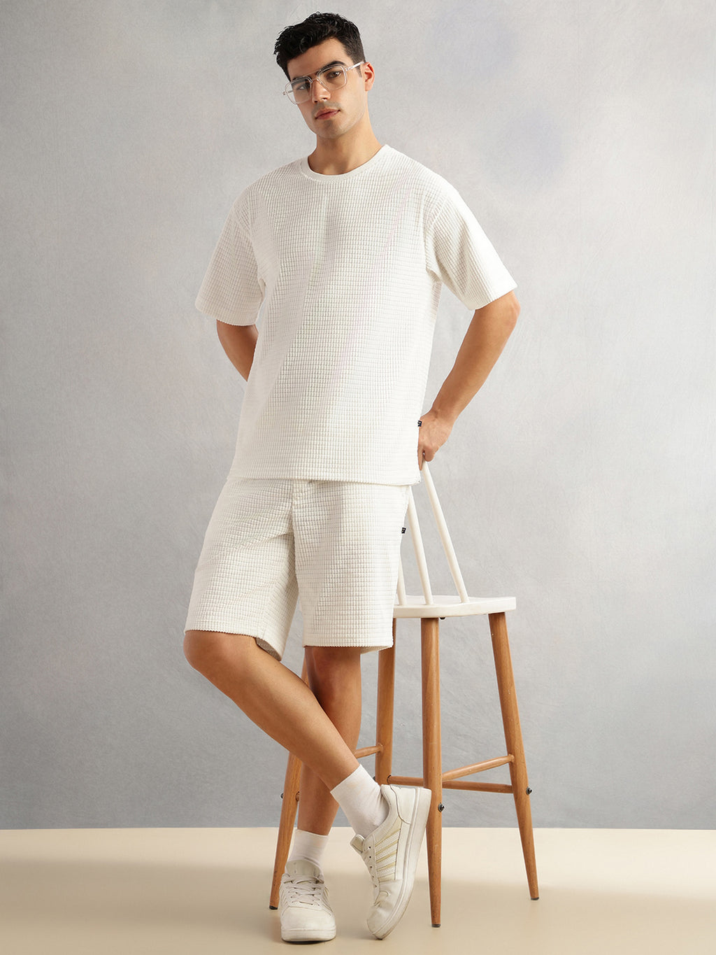 Thomas Scott Men White Cordery Checks Polyester Knitted Co-Ord Sets With Short Sleeves & Round Neck