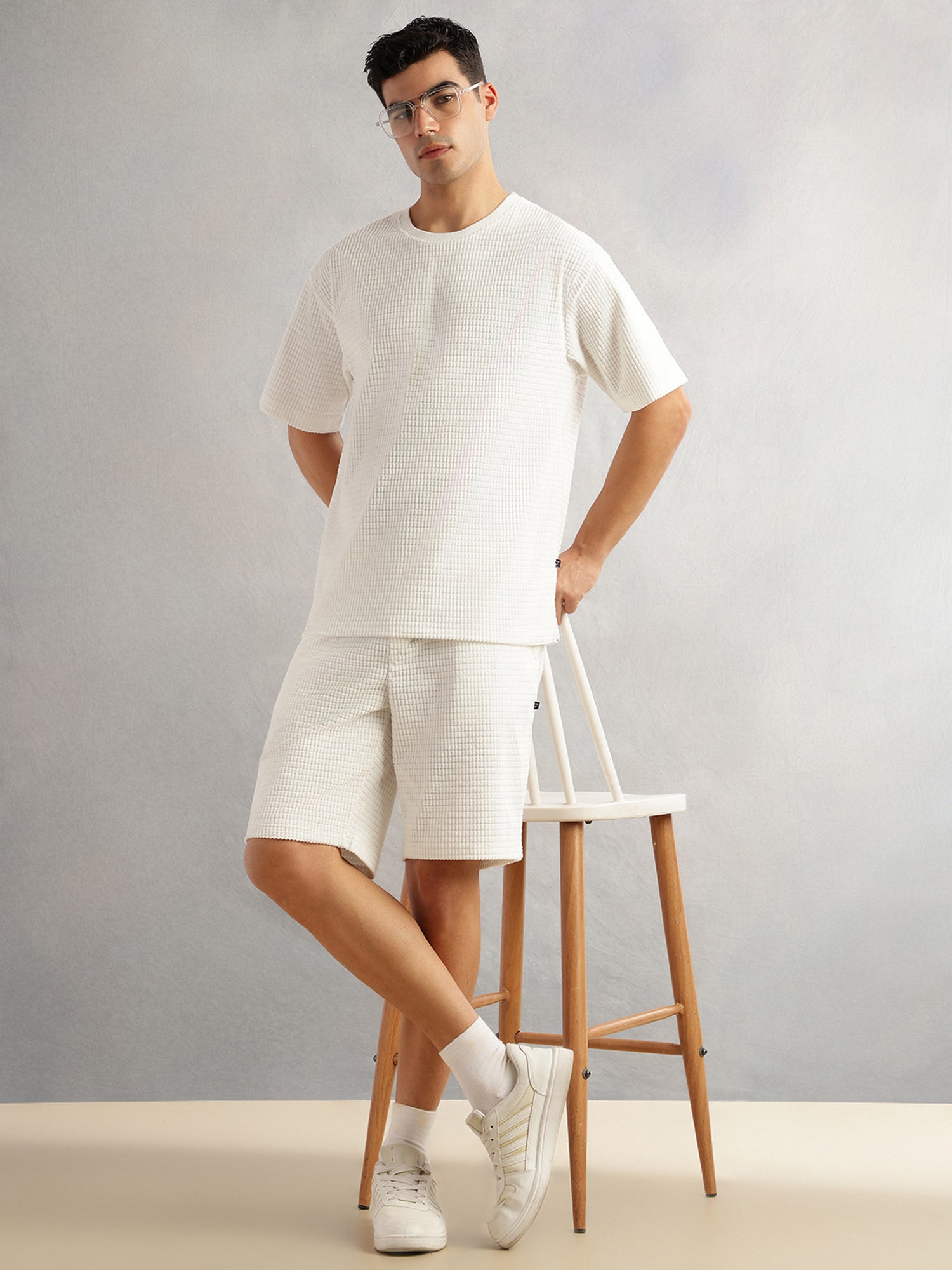 Thomas Scott Men White Cordery Checks Polyester Knitted Co-Ord Sets With Short Sleeves & Round Neck