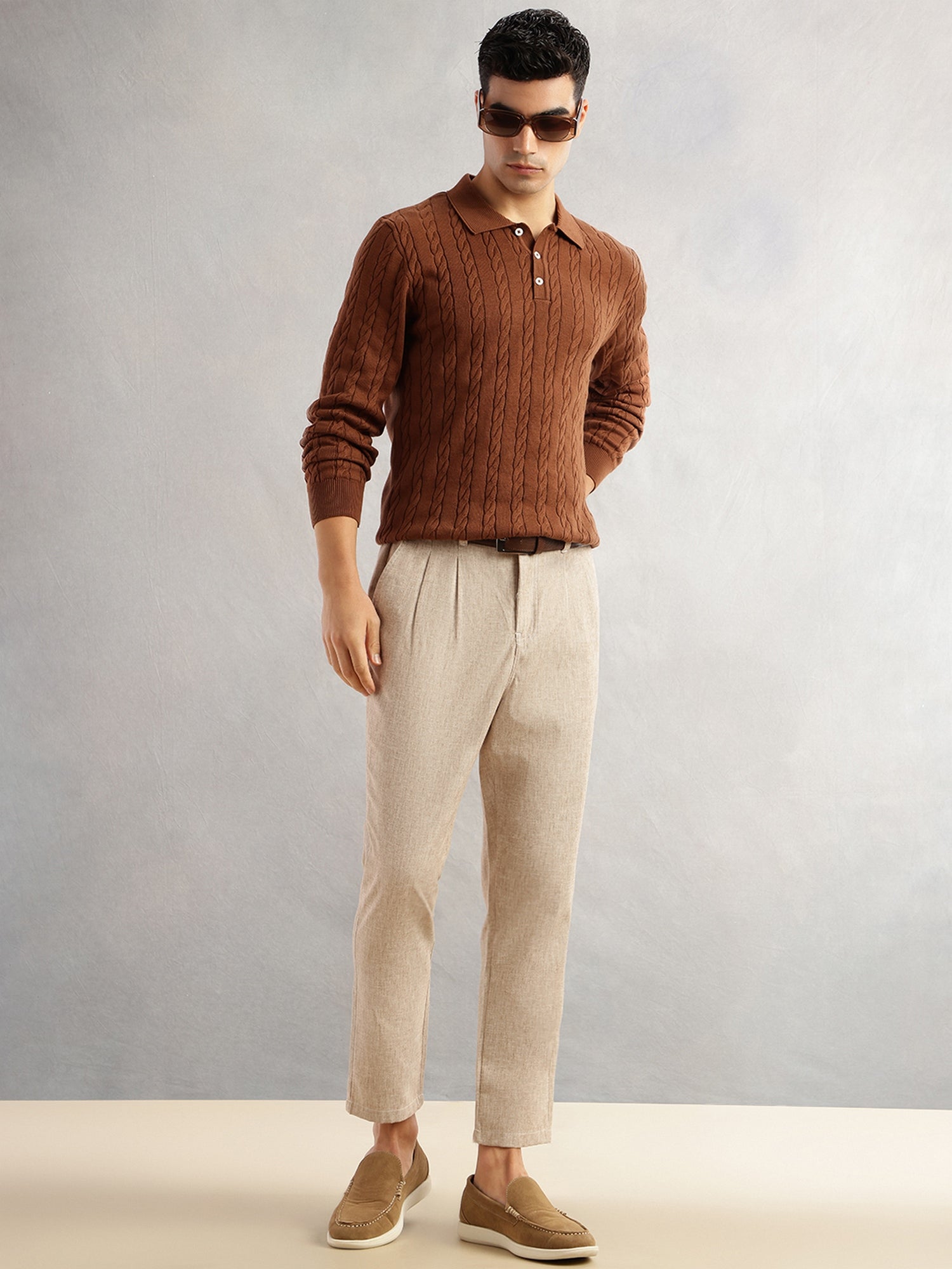 Thomas Scott Men Beige Regular Fit Mid-Rise Solid Linen Pleated Woven Chinos Trouser