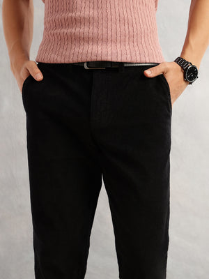 Thomas Scott Men Black Regular Fit Mid-Rise Self Texture Cross Corduroy Trouser