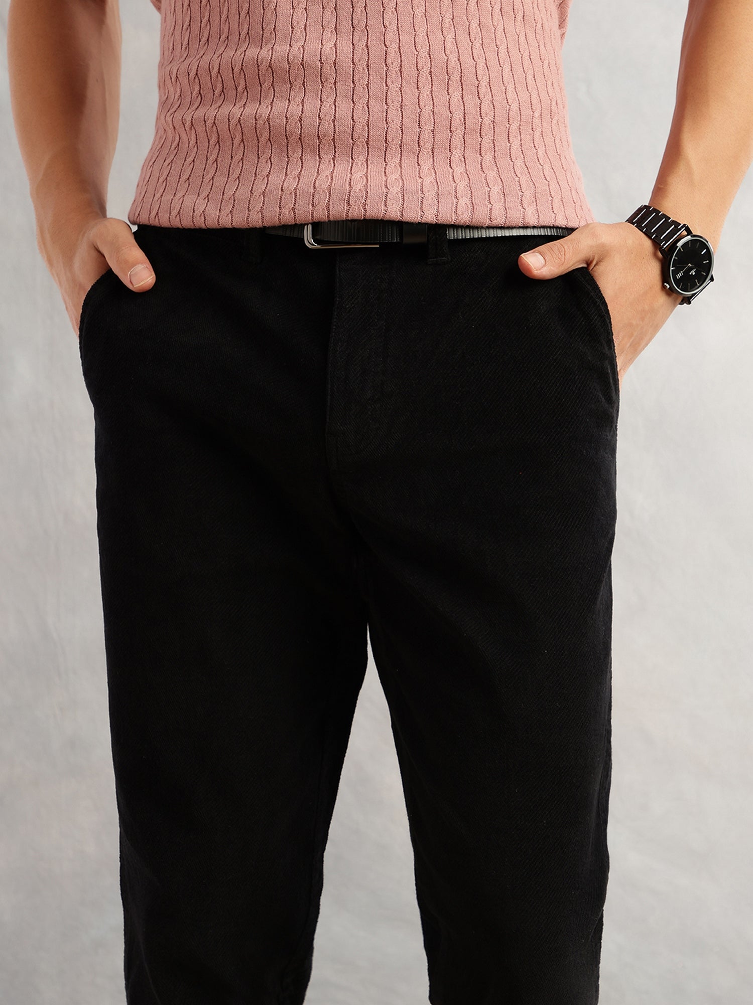 Thomas Scott Men Black Regular Fit Mid-Rise Self Texture Cross Corduroy Trouser