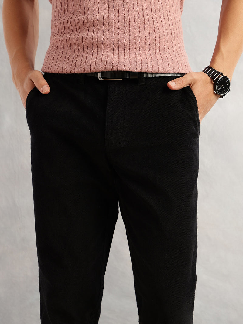 Thomas Scott Men Black Regular Fit Mid-Rise Self Texture Cross Corduroy Trouser