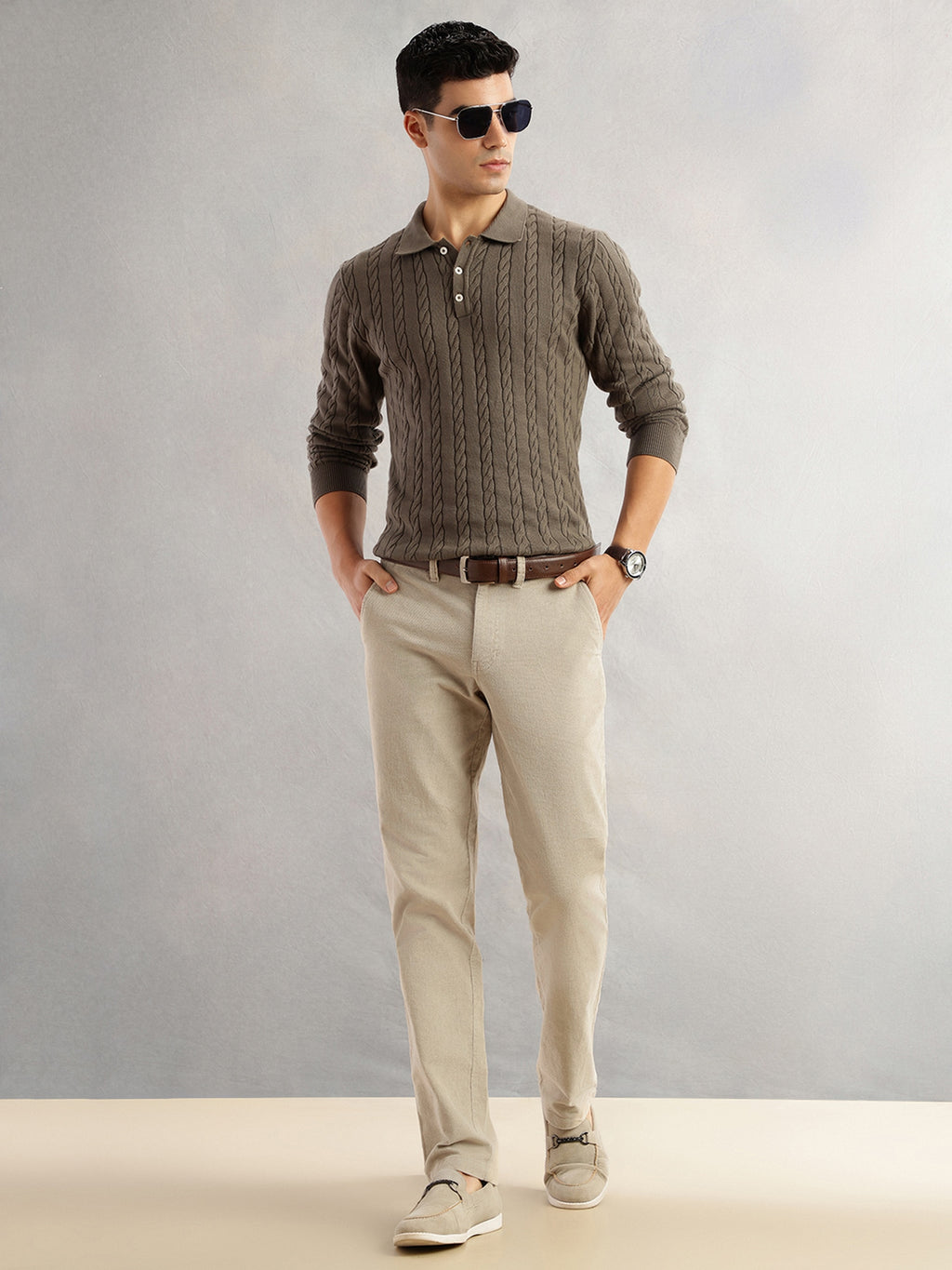 Thomas Scott Men Fawn Regular Fit Mid-Rise Self Texture Cross Corduroy Trouser