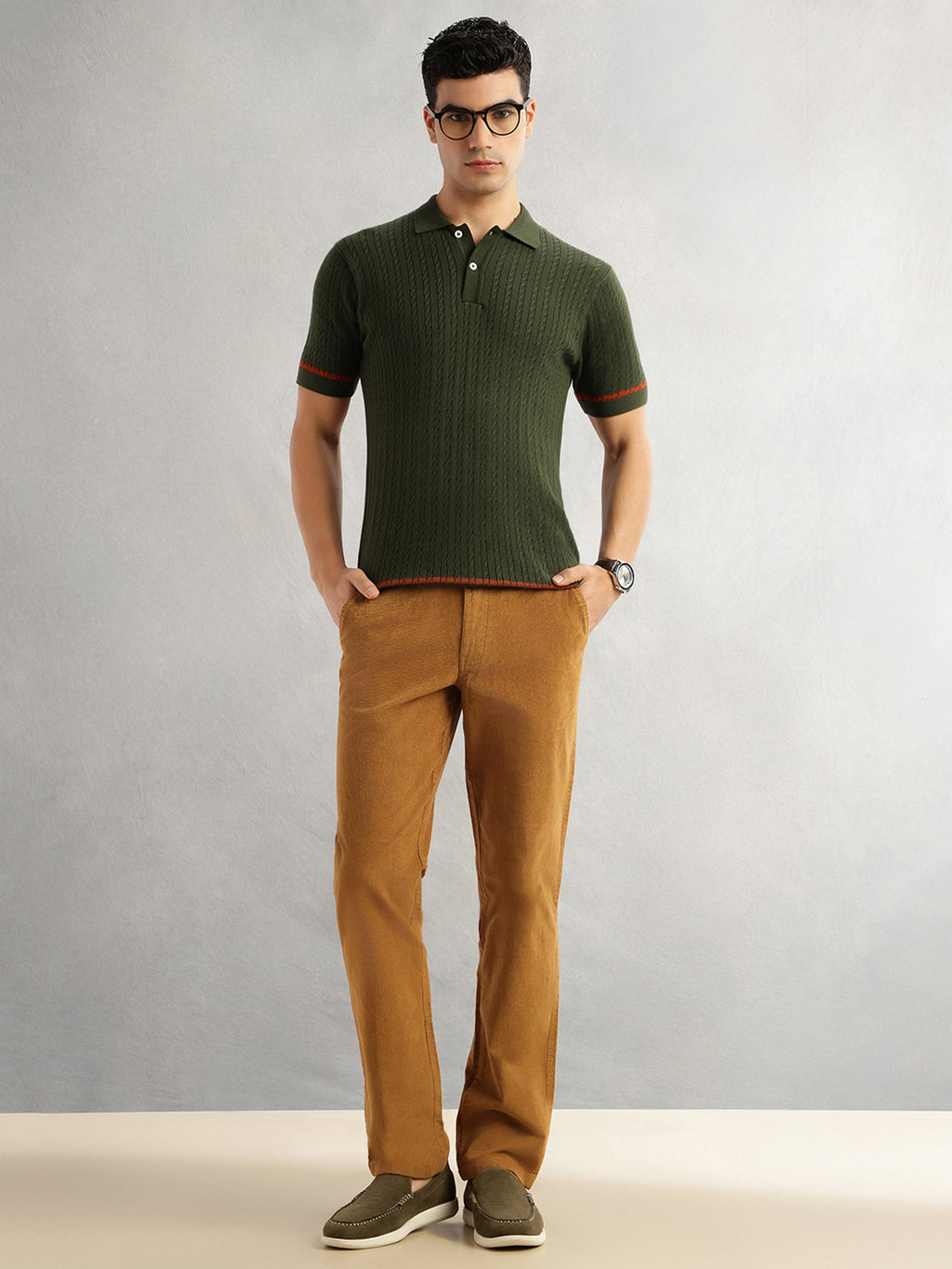 Thomas Scott Men Mustard Regular Fit Mid-Rise Self Texture Cross Corduroy Trouser