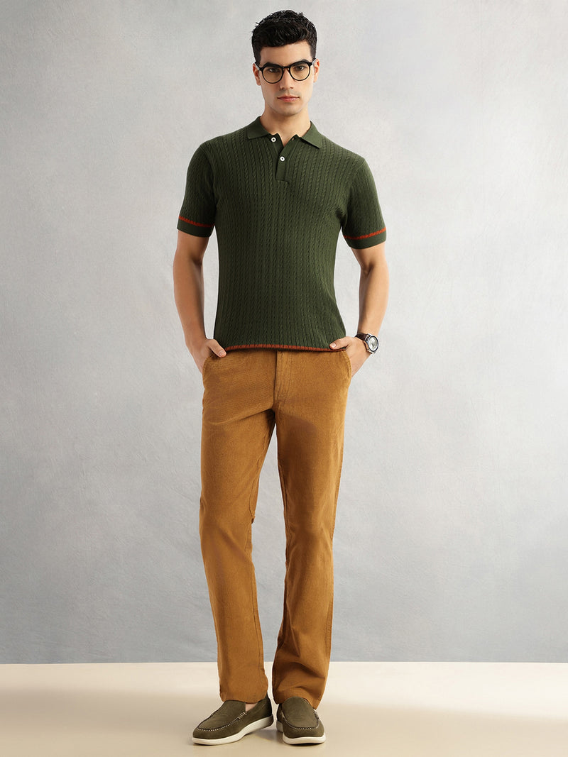 Thomas Scott Men Mustard Regular Fit Mid-Rise Self Texture Cross Corduroy Trouser
