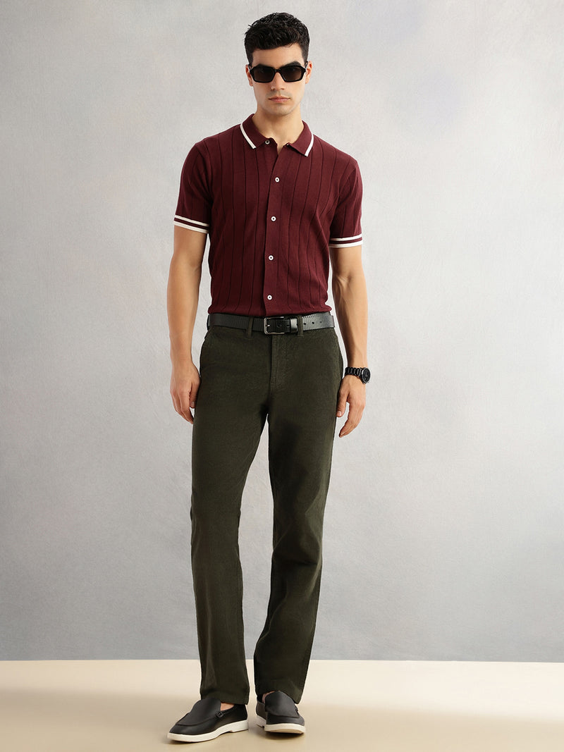 Thomas Scott Men Olive Regular Fit Mid-Rise Self Texture Cross Corduroy Trouser