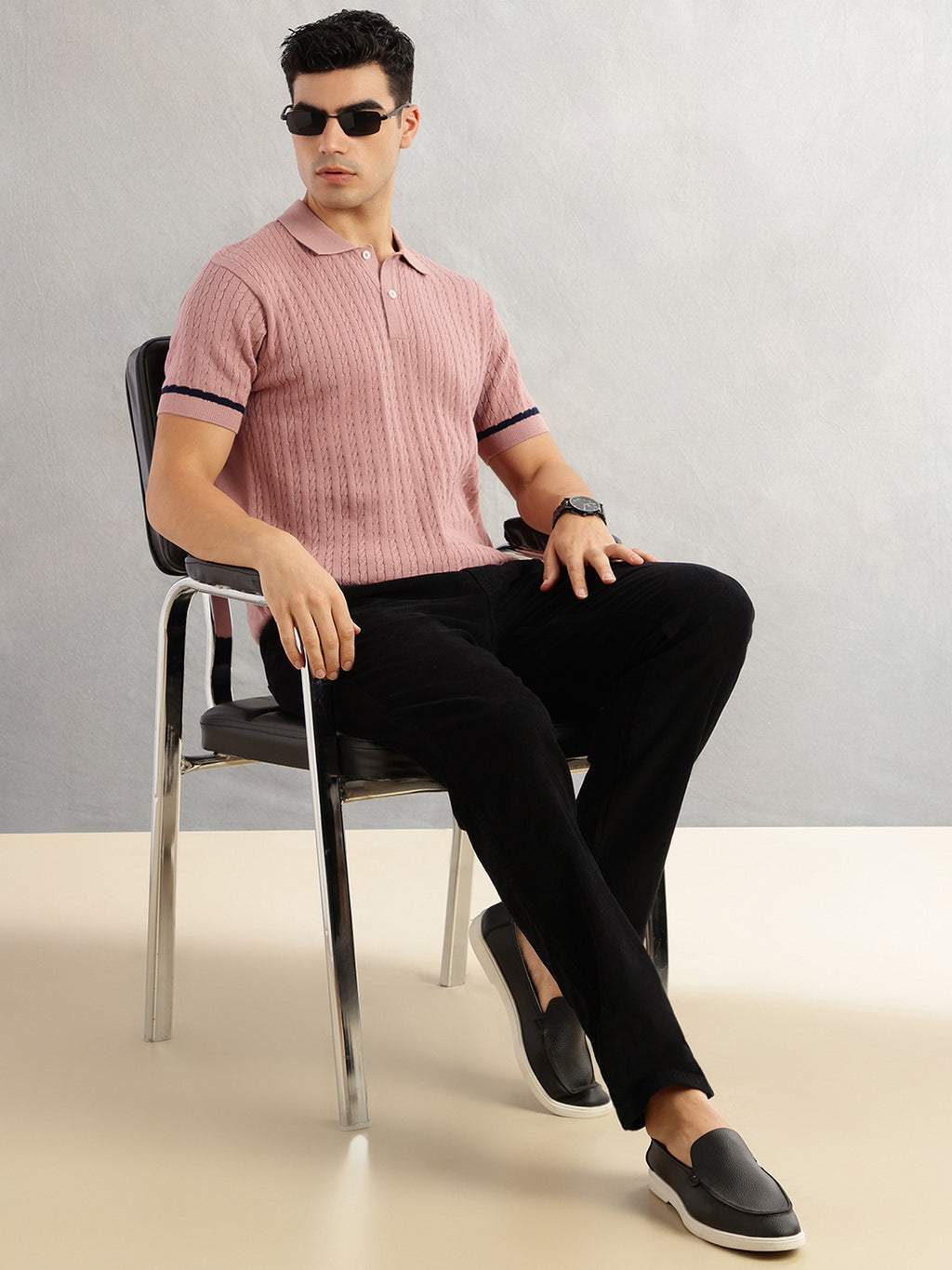 Thomas Scott Men Pink Regular Fit Short Sleeves Self Design 100% Cotton Polo Collar Knitted Tshirt
