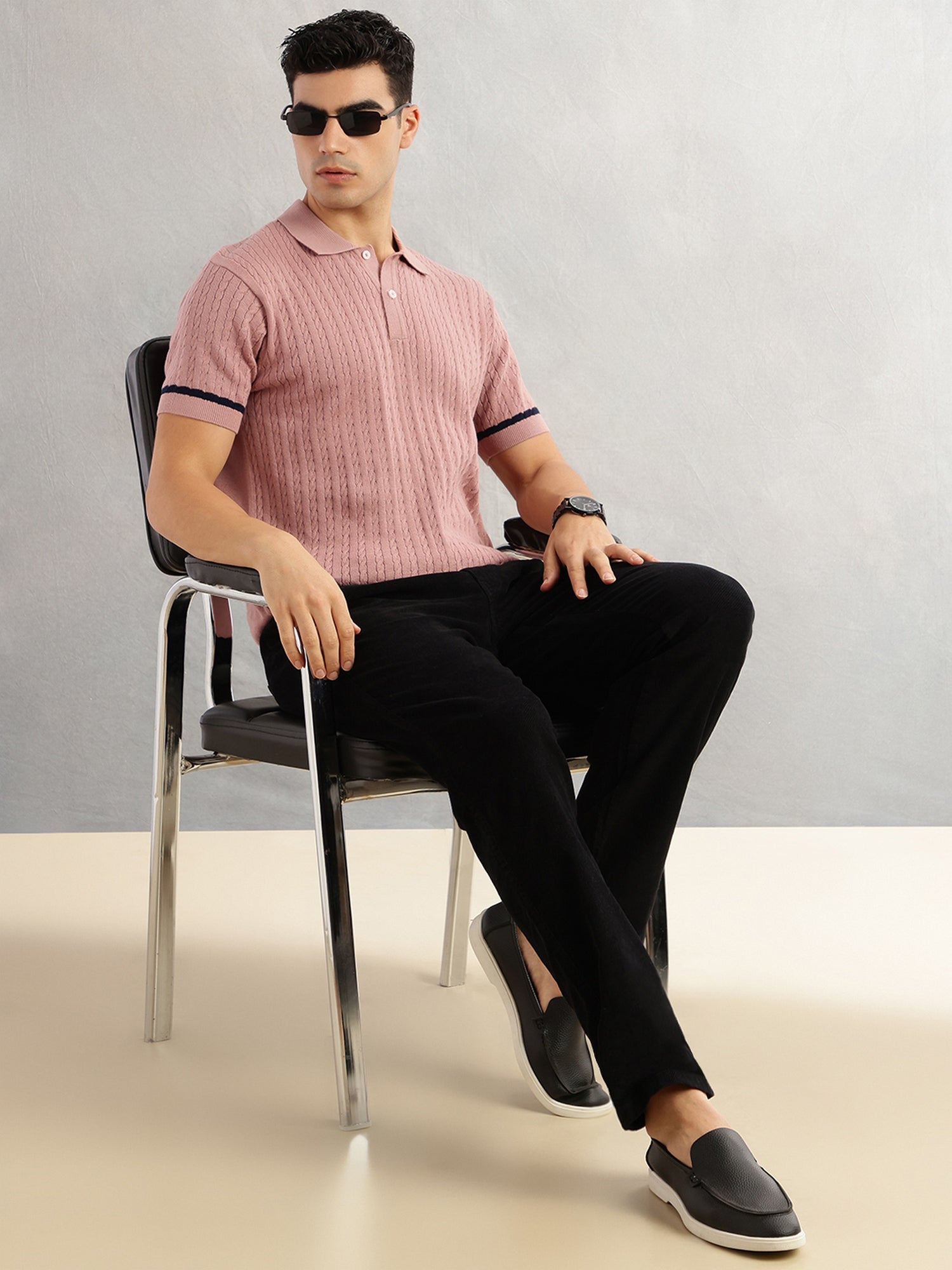 Thomas Scott Men Pink Regular Fit Short Sleeves Self Design 100% Cotton Polo Collar Knitted Tshirt