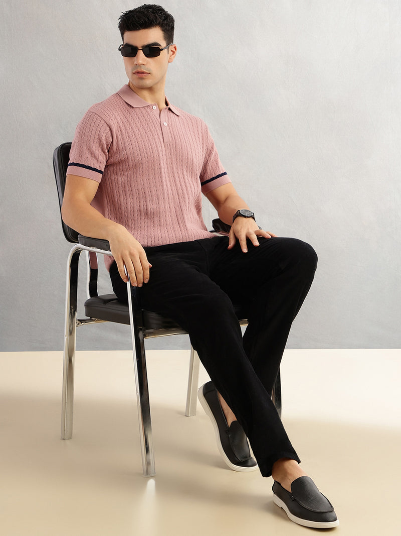Thomas Scott Men Pink Regular Fit Short Sleeves Self Design 100% Cotton Polo Collar Knitted Tshirt