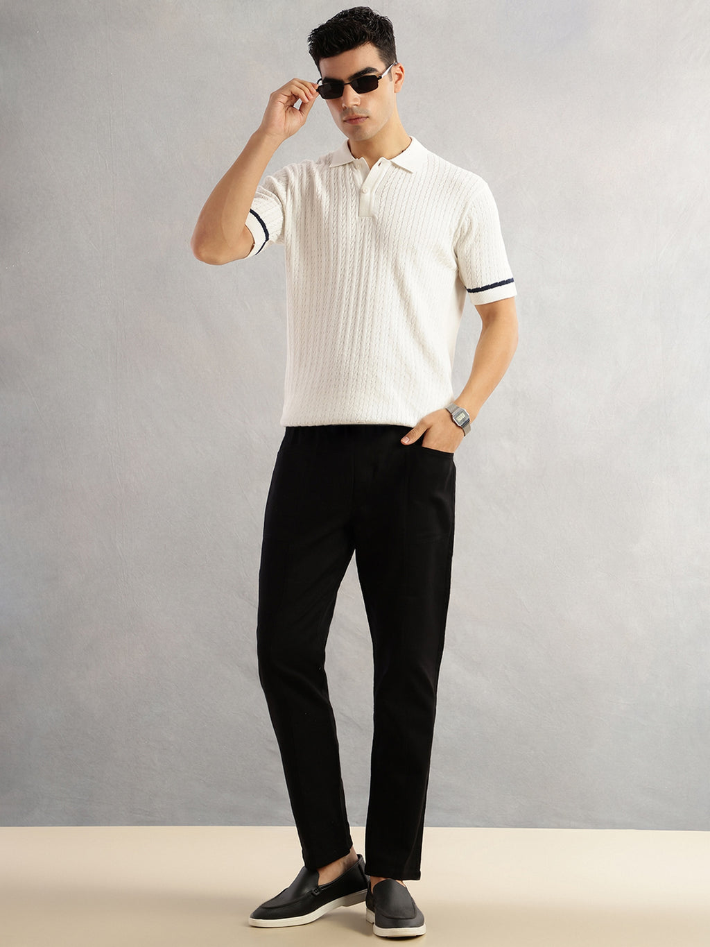 Thomas Scott Men White Regular Fit Short Sleeves Self Design 100% Cotton Polo Collar Knitted Tshirt